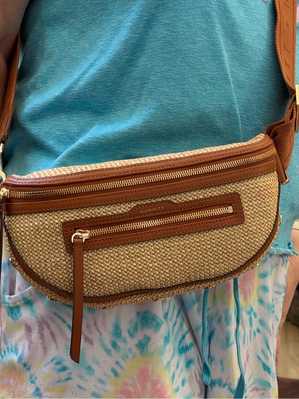 Hammitt Natural Woven Charles Crossbody with Brown Leather Trim Cocoa NWT